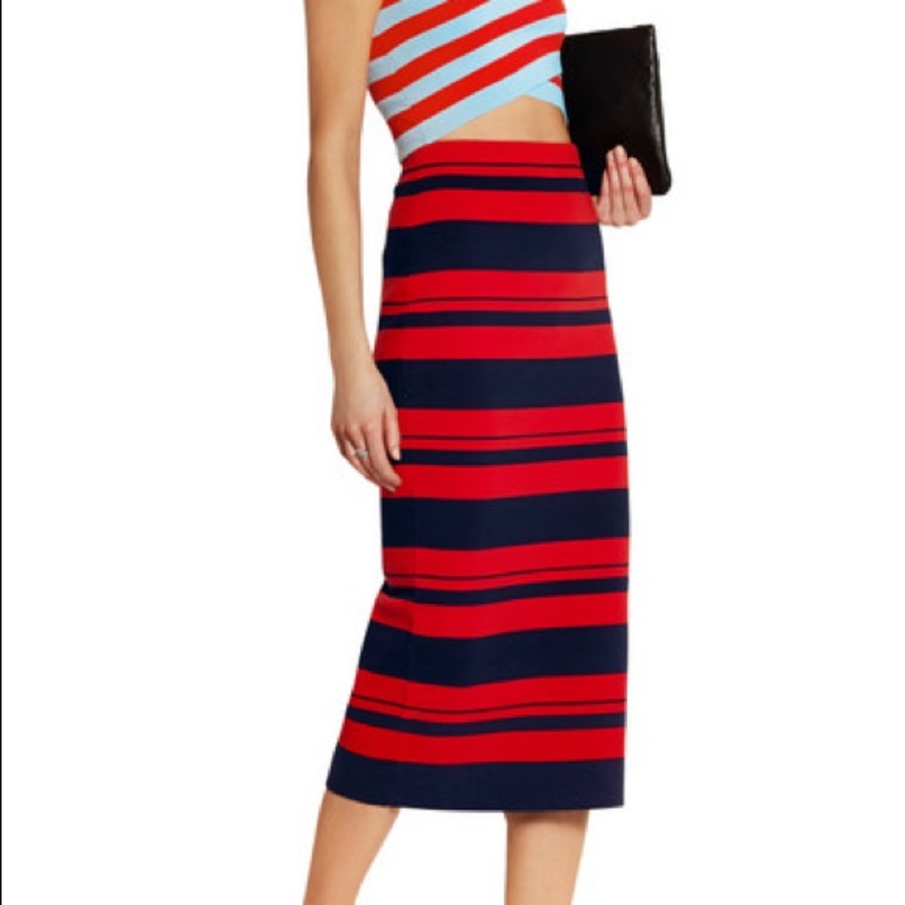 DKNY Striped stretch cotton-blend midi skirt